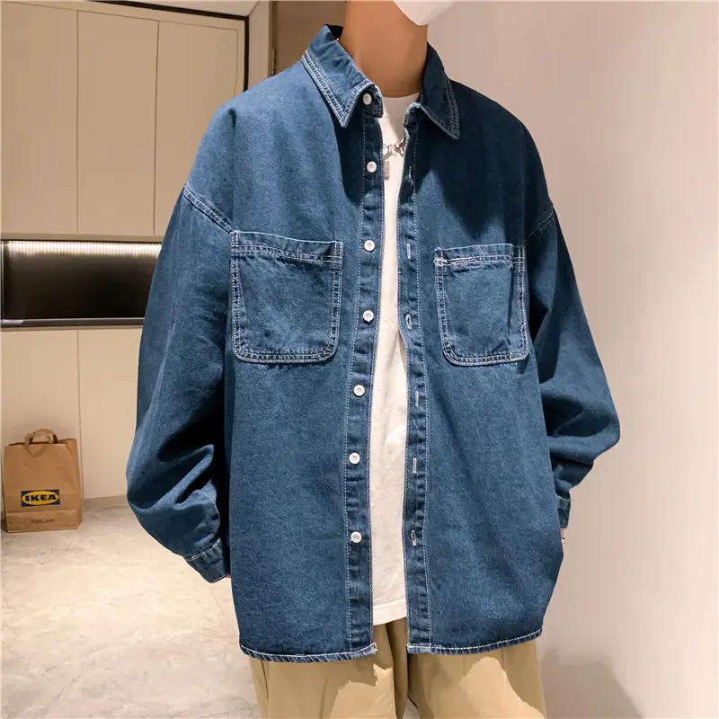 Men Denim Long Sleeve Shirt Blue Solid Color