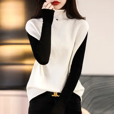 Women's Wool Knit High Collar Vest with Button High Neck - Image 7