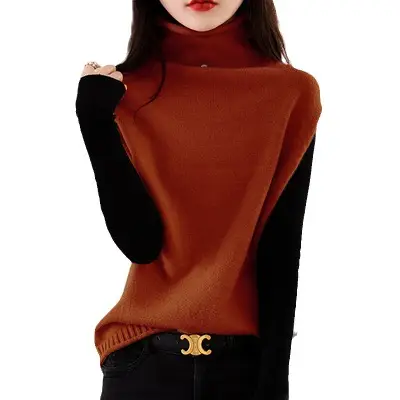 Women's Wool Knit High Collar Vest with Button High Neck - Image 10