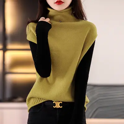 Women's Wool Knit High Collar Vest with Button High Neck - Image 2