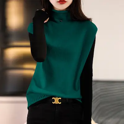 Women's Wool Knit High Collar Vest with Button High Neck - Image 3