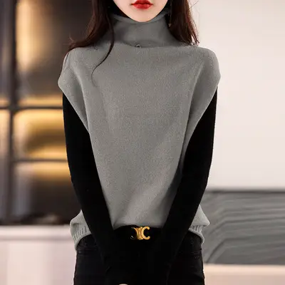 Women's Wool Knit High Collar Vest with Button High Neck - Image 4