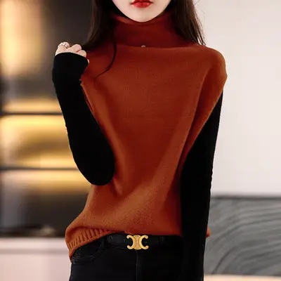 Women's Wool Knit High Collar Vest with Button High Neck - Image 5
