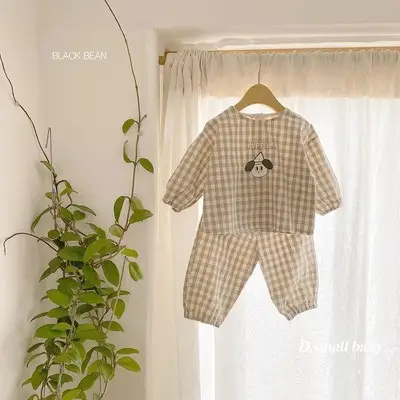 Korean Style Infant Plaid Top Pants Set Spring Summer - Image 2