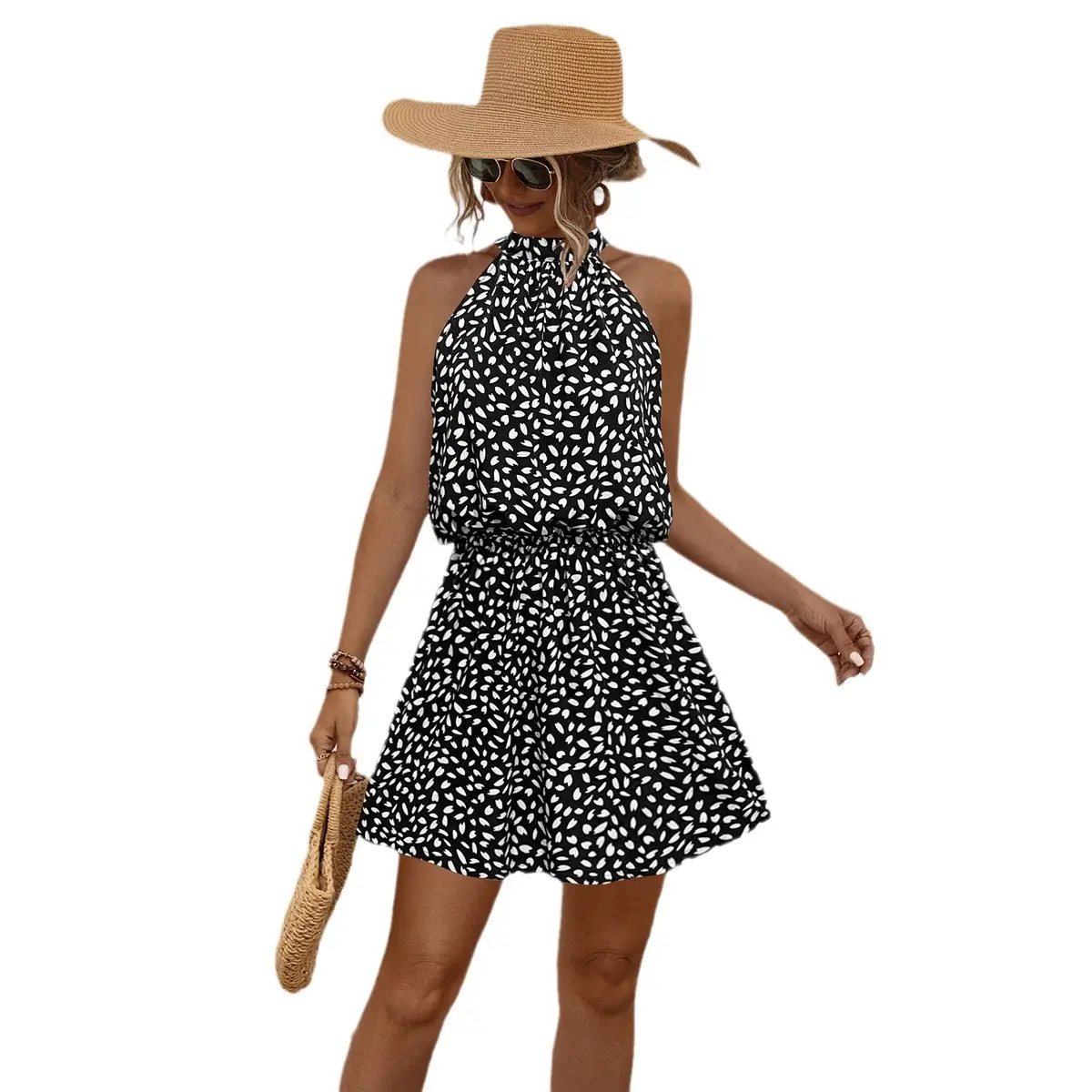 2024 Printed Off-Shoulder Halter Dress with Short Skirt - Image 8