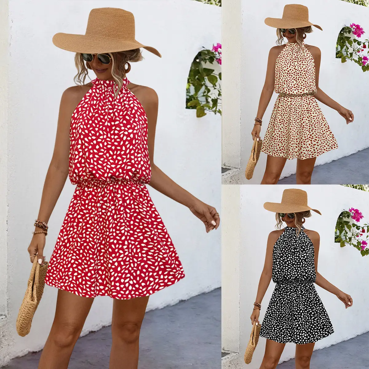 2024 Printed Off-Shoulder Halter Dress with Short Skirt — feature 2