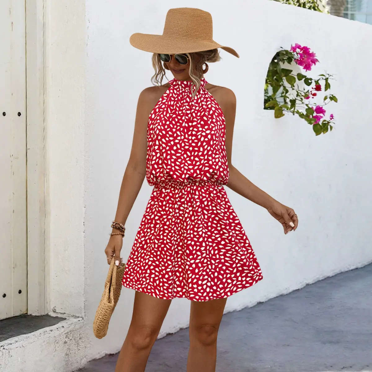 2024 Printed Off-Shoulder Halter Dress with Short Skirt — feature 8