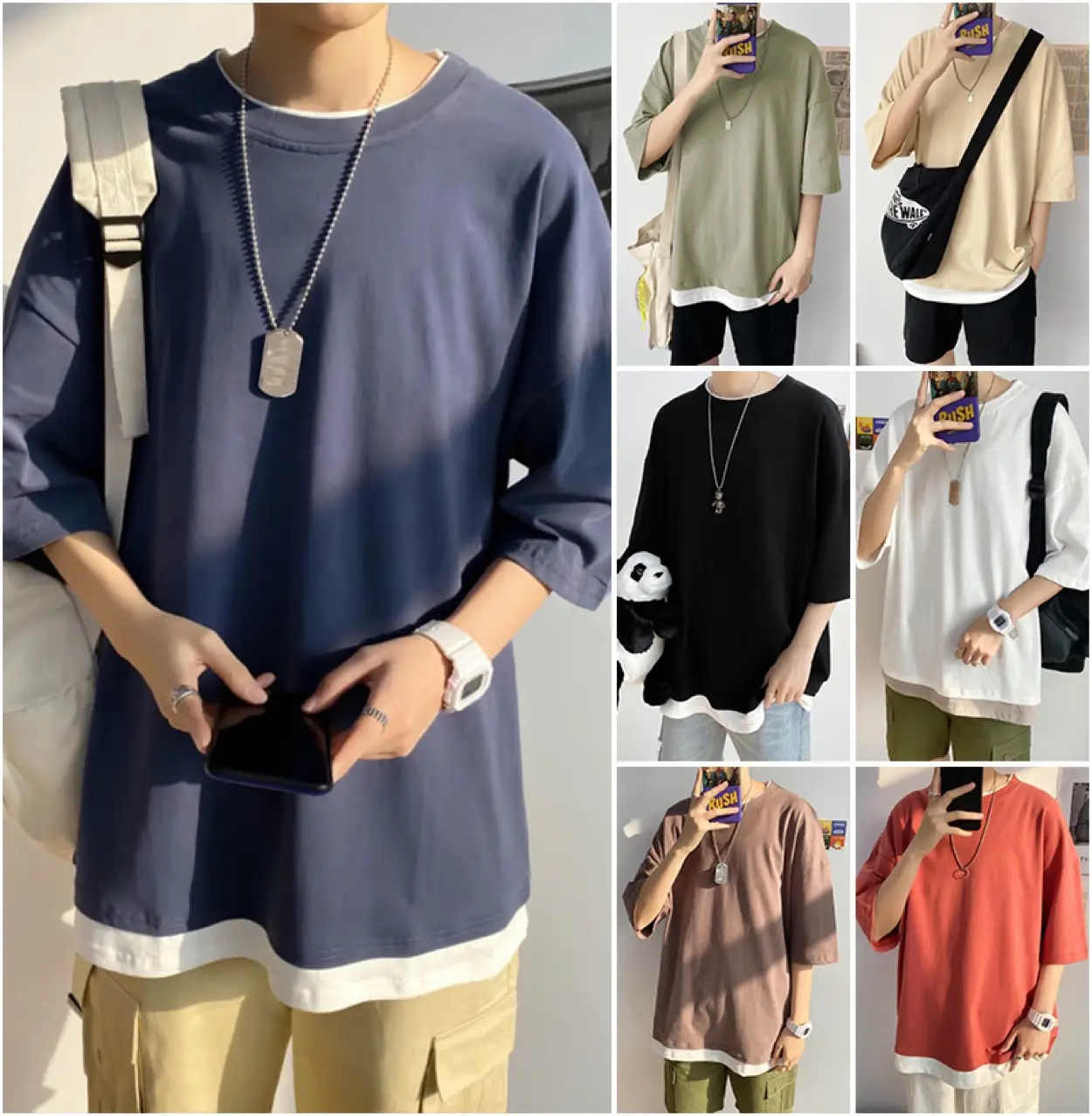 Men's Fake Two-Piece T-Shirt Set Olive Green Cotton Summer Wear - Image 8