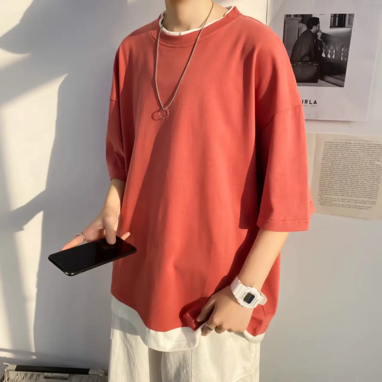 Men's Fake Two-Piece T-Shirt Set Olive Green Cotton Summer Wear - Image 9