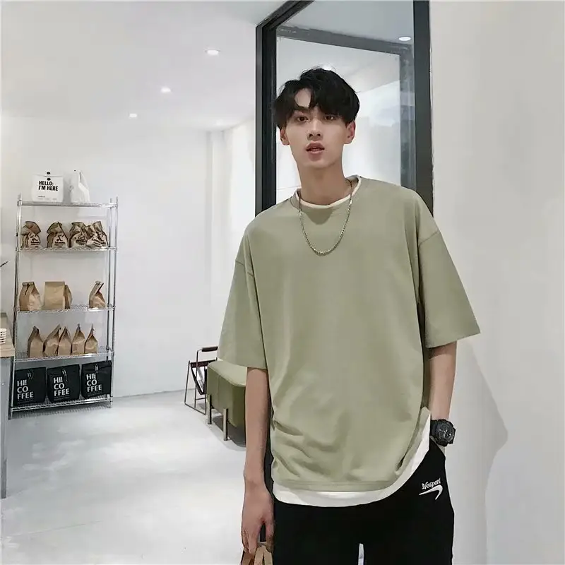 Men's Fake Two-Piece T-Shirt Set Olive Green Cotton Summer Wear - Image 2