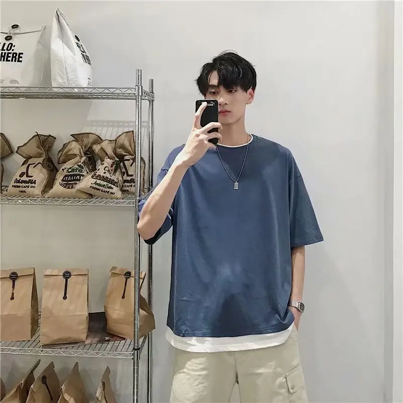 Men's Fake Two-Piece T-Shirt Set Olive Green Cotton Summer Wear - Image 4