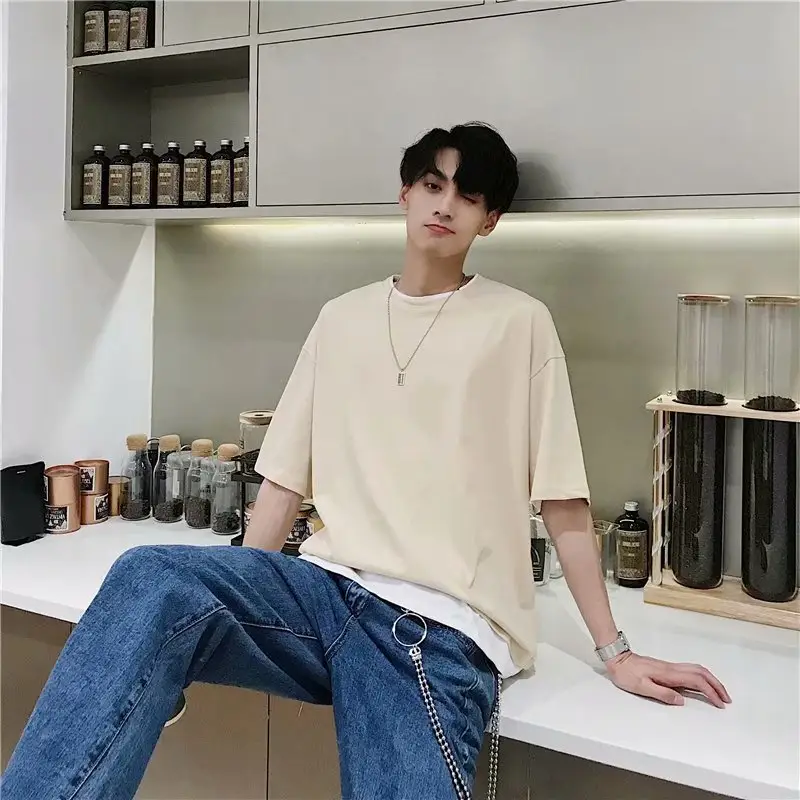 Men's Fake Two-Piece T-Shirt Set Olive Green Cotton Summer Wear - Image 5