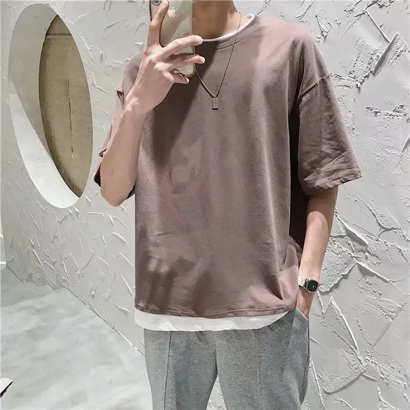 Men's Fake Two-Piece T-Shirt Set Olive Green Cotton Summer Wear - Image 6