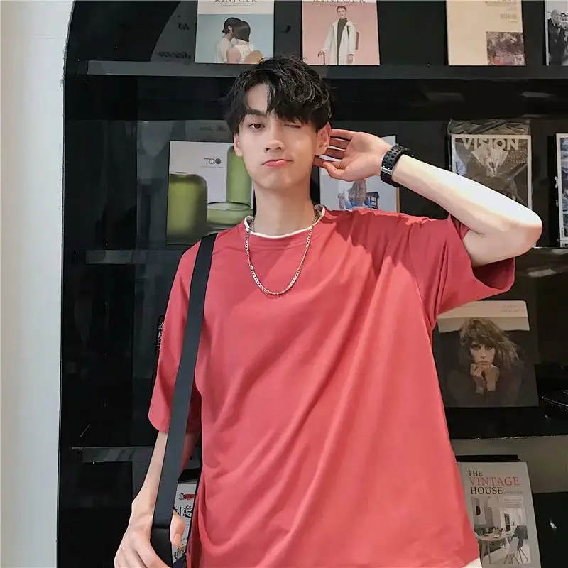 Men's Fake Two-Piece T-Shirt Set Olive Green Cotton Summer Wear - Image 7