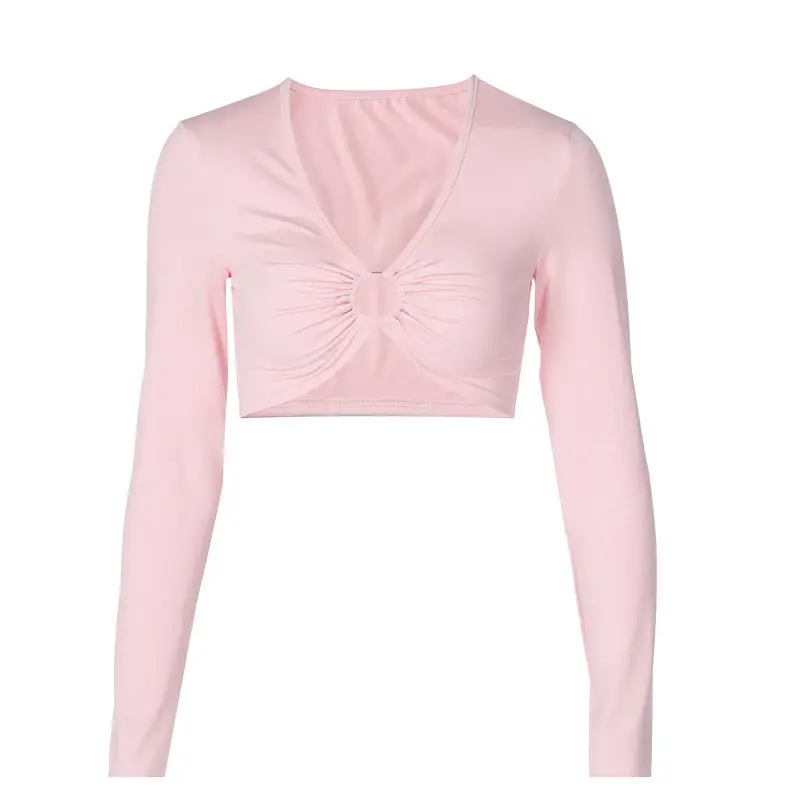2024 Summer Ring Cut Out Long Sleeve Top Pink — feature 13