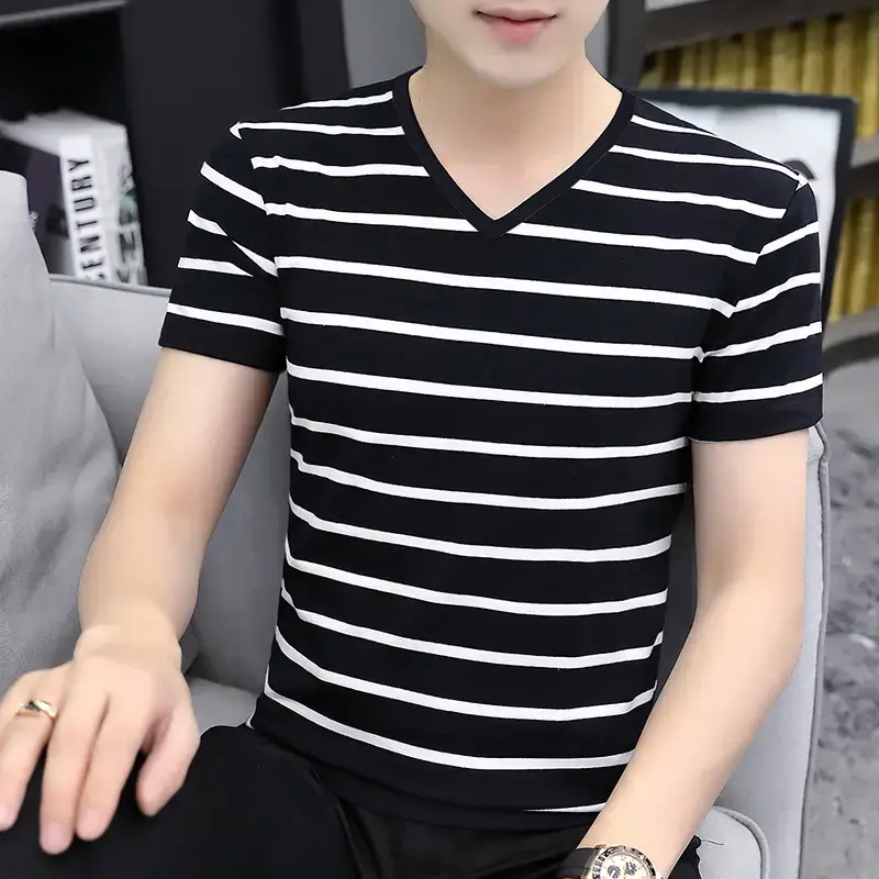 Men 2025 Black White Striped Cotton T-Shirt Slim Fit - Image 6