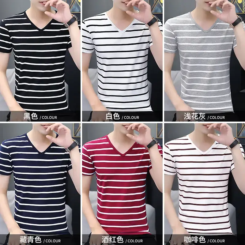 Men 2025 Black White Striped Cotton T-Shirt Slim Fit - Image 7