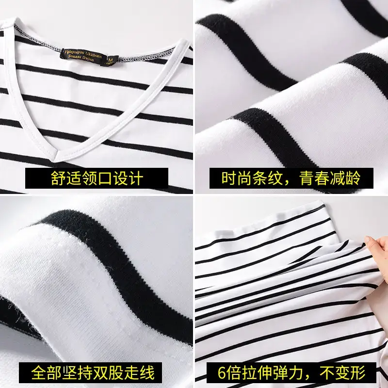 Men 2025 Black White Striped Cotton T-Shirt Slim Fit - Image 8
