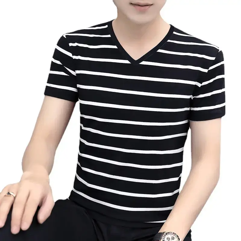 Men 2025 Black White Striped Cotton T-Shirt Slim Fit - Image 9