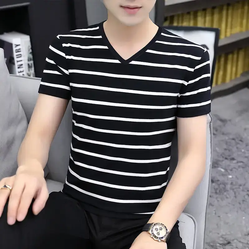 Men 2025 Black White Striped Cotton T-Shirt Slim Fit - Image 2