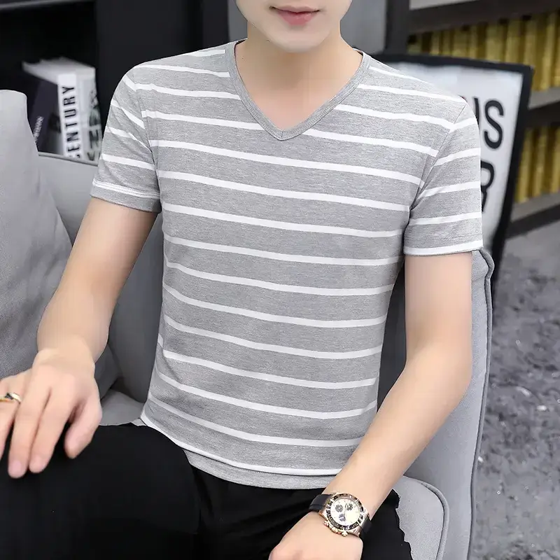 Men 2025 Black White Striped Cotton T-Shirt Slim Fit - Image 3