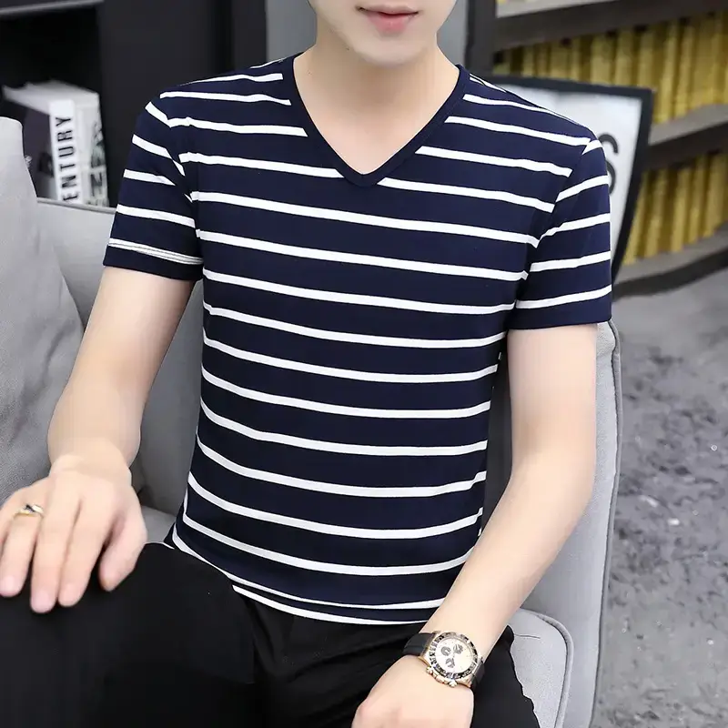 Men 2025 Black White Striped Cotton T-Shirt Slim Fit - Image 4