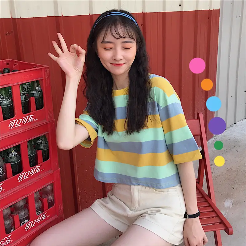 Women Rainbow Striped T-Shirt 2022 New - Image 3
