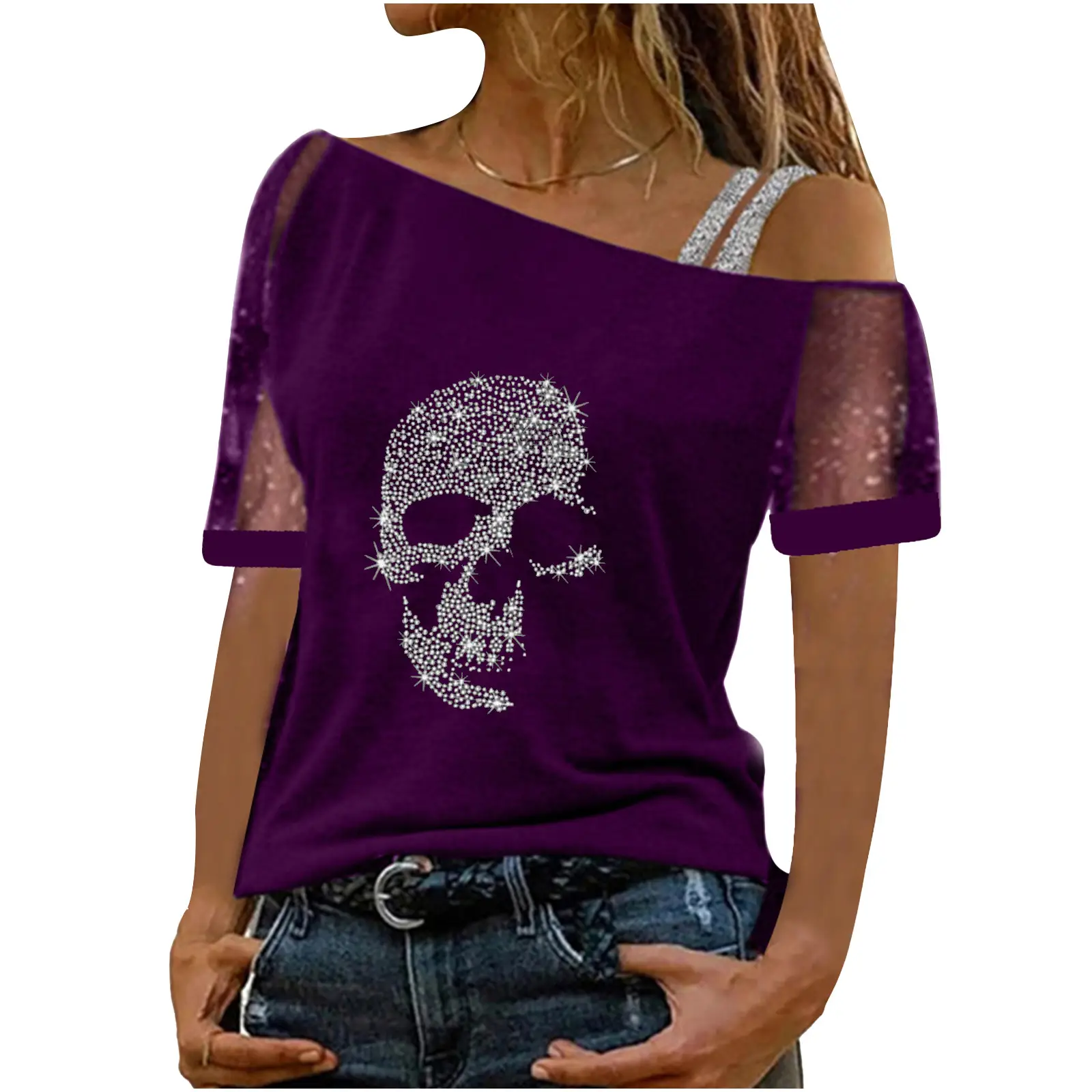 2022 Blue Skull Oblique Neck Mesh T-Shirt - Image 3