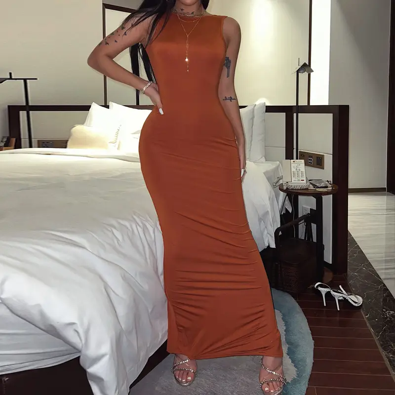 Women's Backless Slim Fit Dress Brown 2022 - Image 2