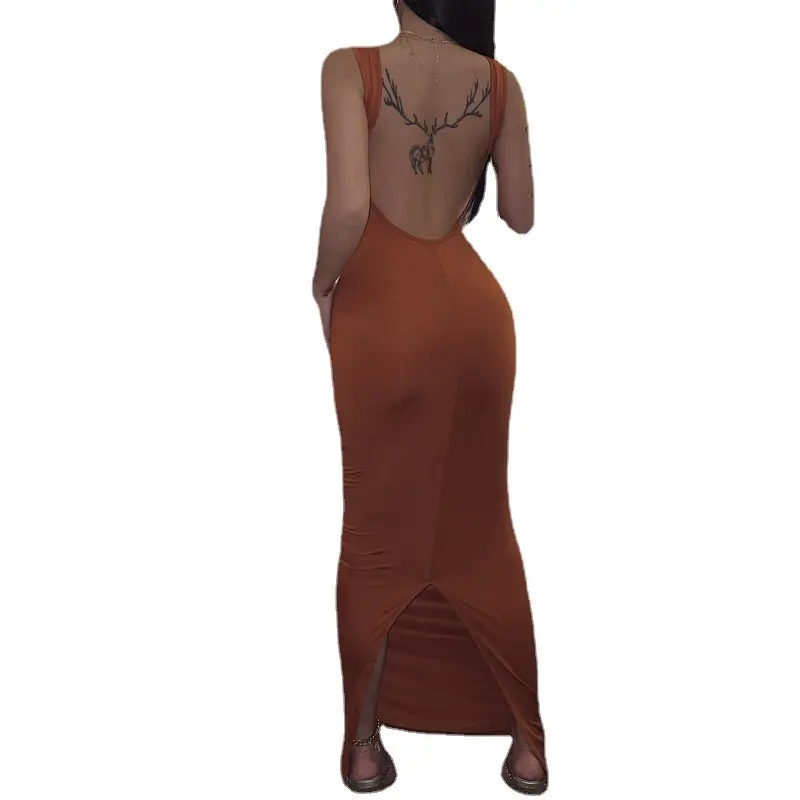 Women's Backless Slim Fit Dress Brown 2022 - Image 5