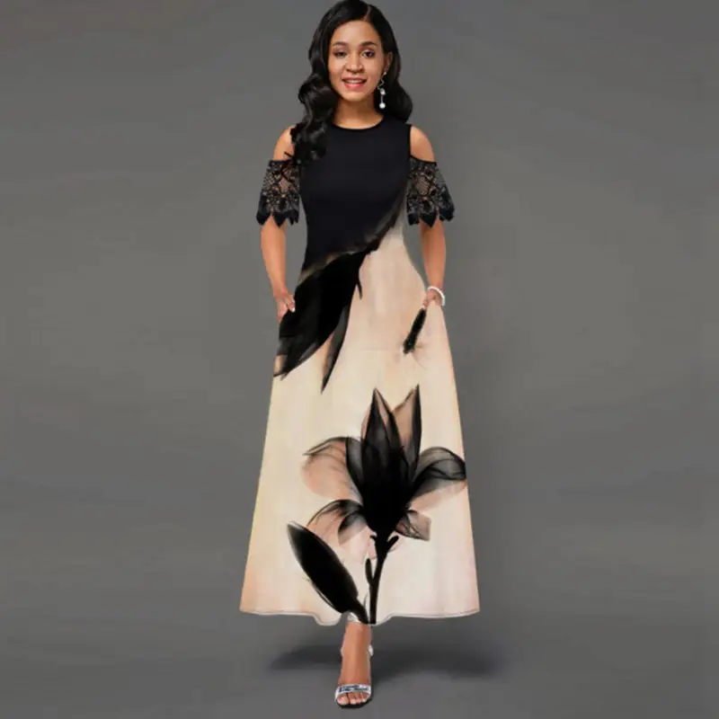 Printed Lace Long Dress Women Black Cream 2022