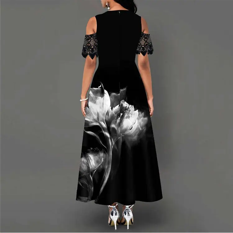 Printed Lace Long Dress Women Black Cream 2022