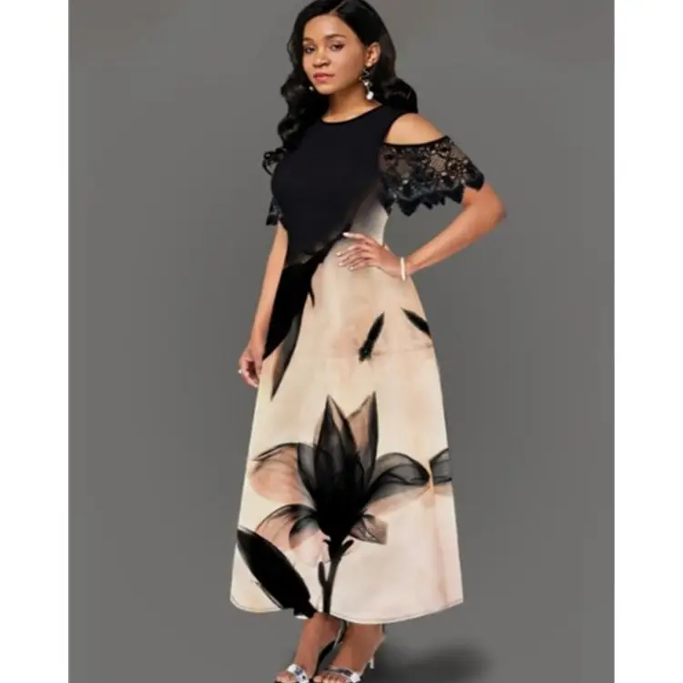 Printed Lace Long Dress Women Black Cream 2022