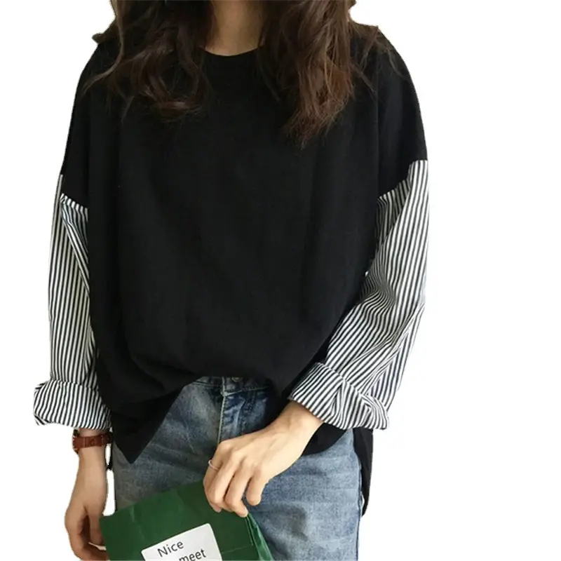 Korean Style Loose Sleeve T-Shirt White Blue Patchwork - Image 7