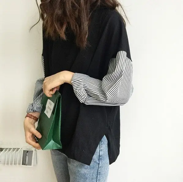 Korean Style Loose Sleeve T-Shirt White Blue Patchwork — feature 1