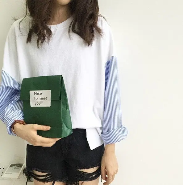 Korean Style Loose Sleeve T-Shirt White Blue Patchwork — feature 12
