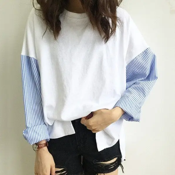 Korean Style Loose Sleeve T-Shirt White Blue Patchwork — feature 13