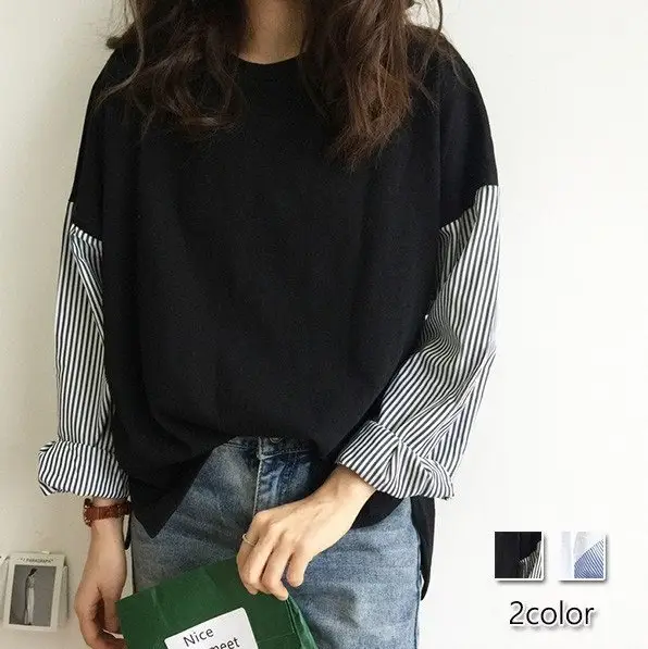Korean Style Loose Sleeve T-Shirt White Blue Patchwork — feature 4