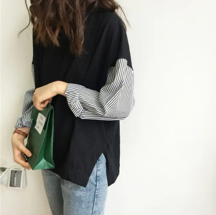 Korean Style Loose Sleeve T-Shirt White Blue Patchwork — feature 6