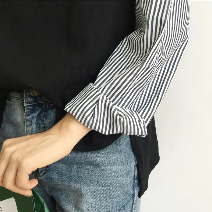 Korean Style Loose Sleeve T-Shirt White Blue Patchwork — feature 7