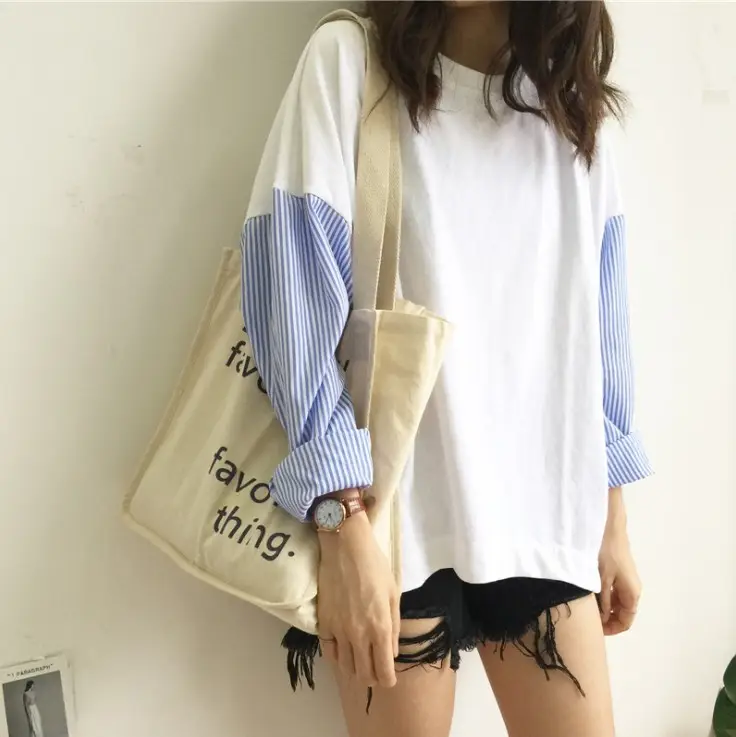 Korean Style Loose Sleeve T-Shirt White Blue Patchwork — feature 8