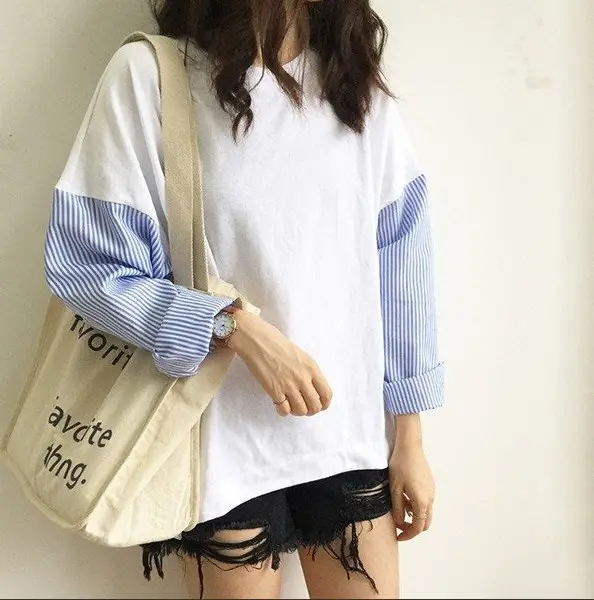 Korean Style Loose Sleeve T-Shirt White Blue Patchwork — feature 9