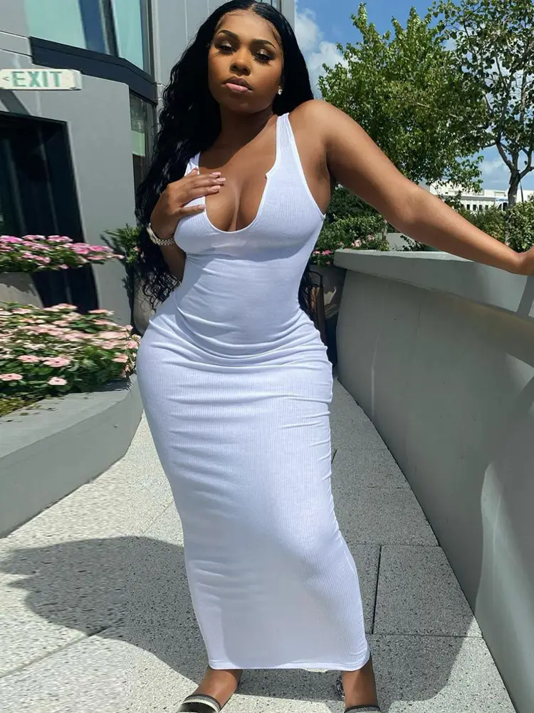 White Slim Fit Long Dress for Women Spring Summer - Image 11