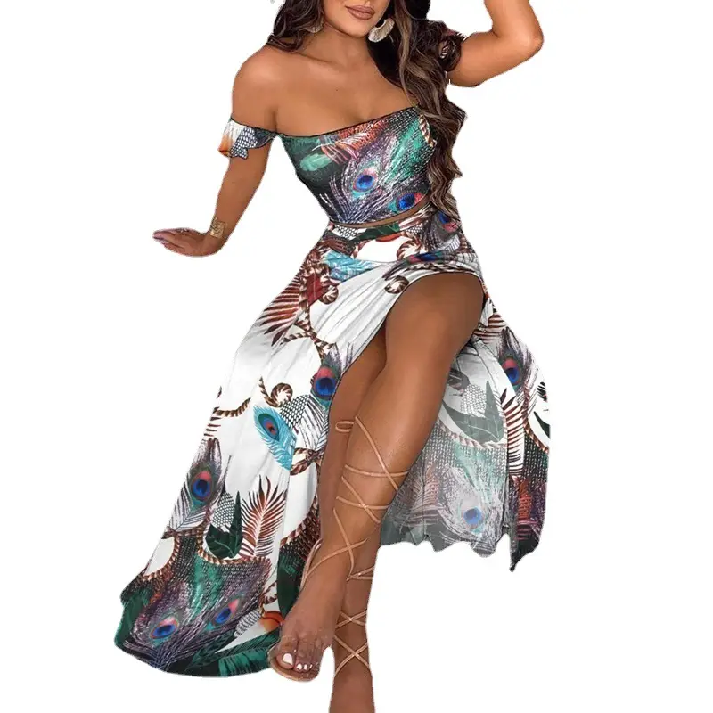 2022 Printed Peacock Embroidered Off-Shoulder Split Dress - Image 24