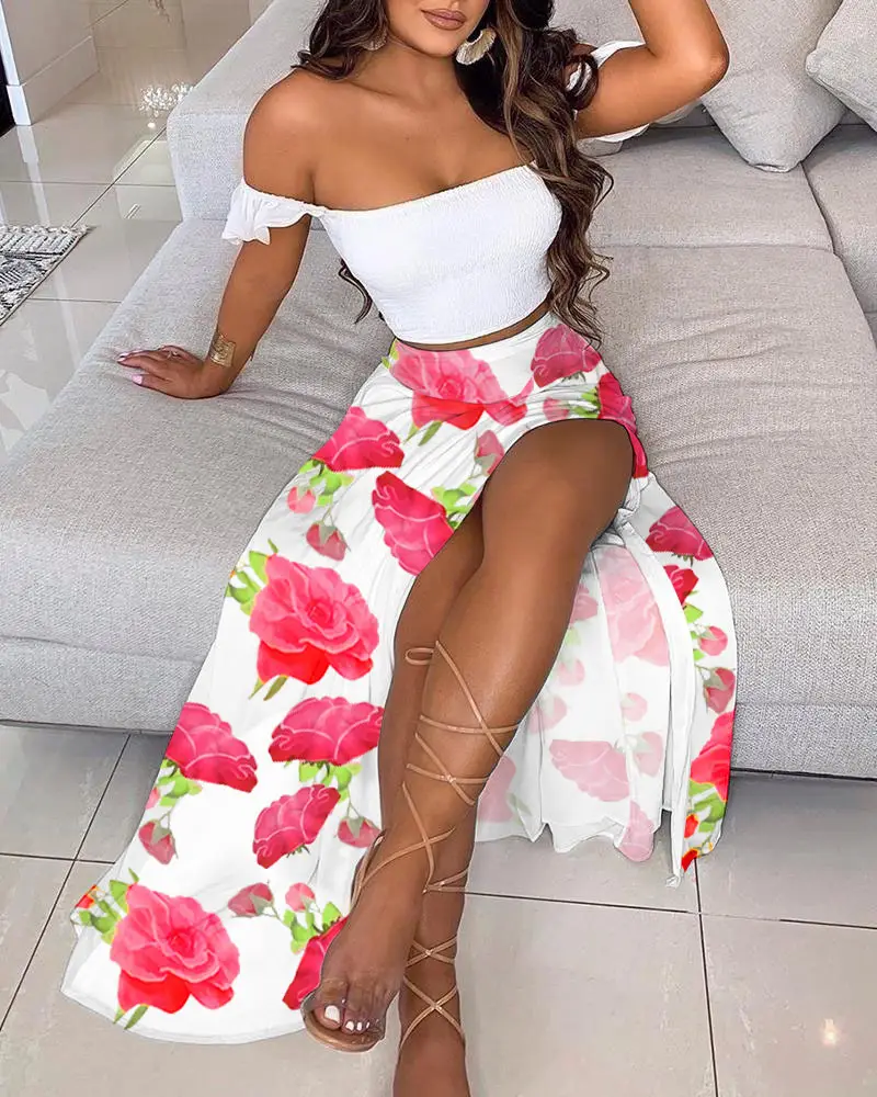2022 Printed Peacock Embroidered Off-Shoulder Split Dress - Image 8