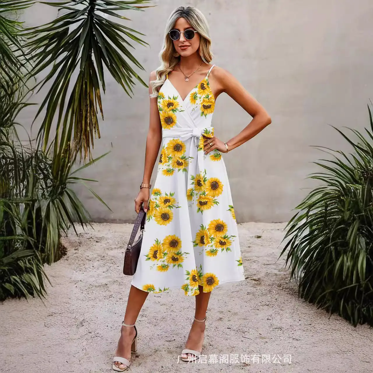 European V-Neck Cotton Print Long Dress Blue White - Image 6
