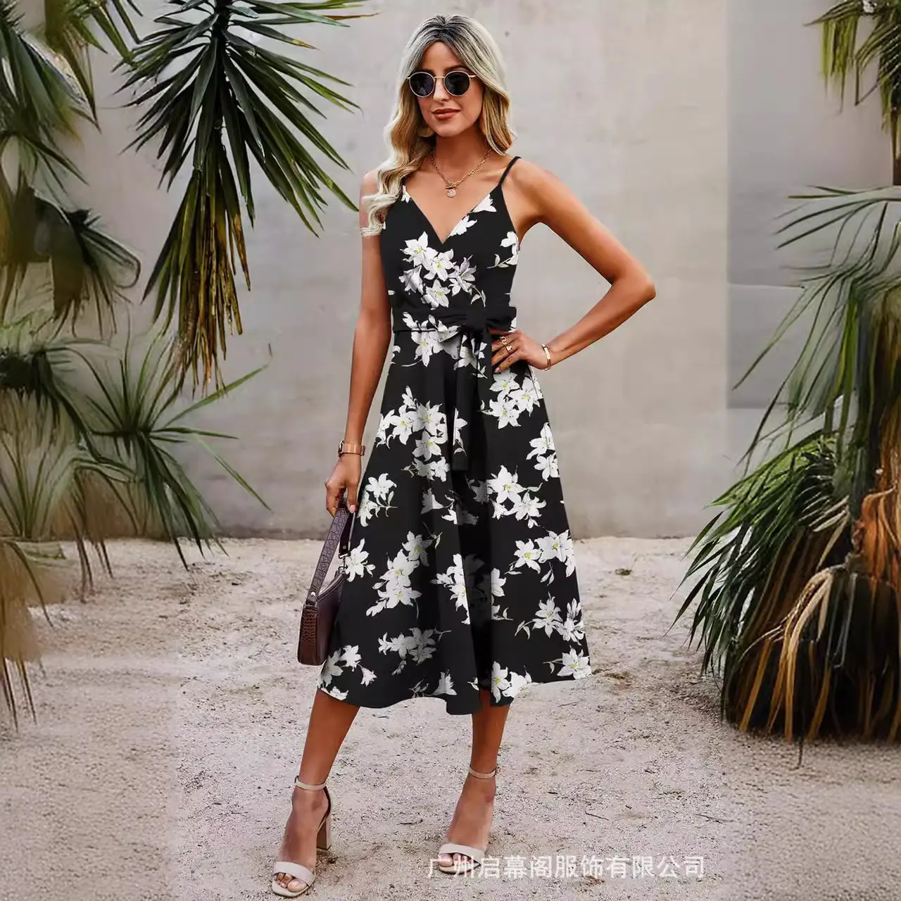 European V-Neck Cotton Print Long Dress Blue White - Image 8