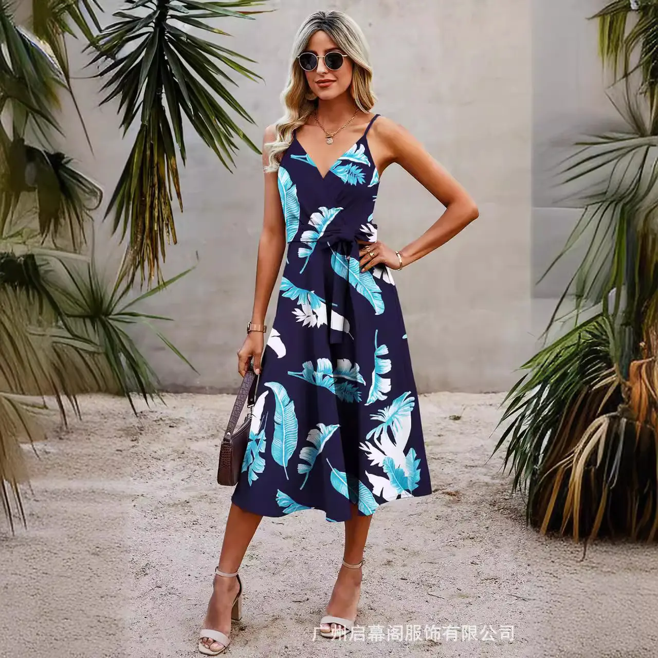 European V-Neck Cotton Print Long Dress Blue White - Image 9