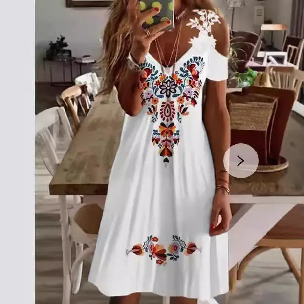 Printed Lace Dress Red Floral Short Sleeve Casual Holiday Wear - Image 7