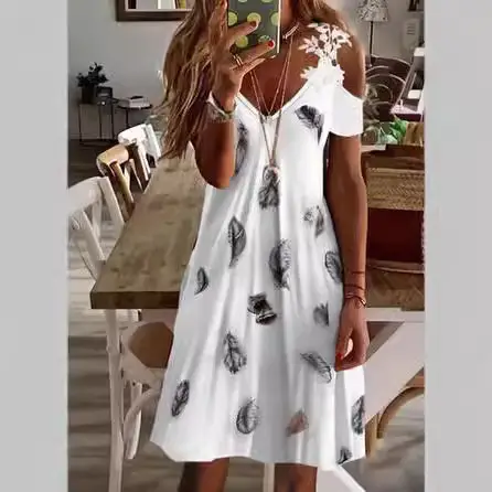 Printed Lace Dress Red Floral Short Sleeve Casual Holiday Wear - Image 8